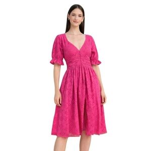 House Of Harlow V Neck Button Up Eyelet Midi Dress